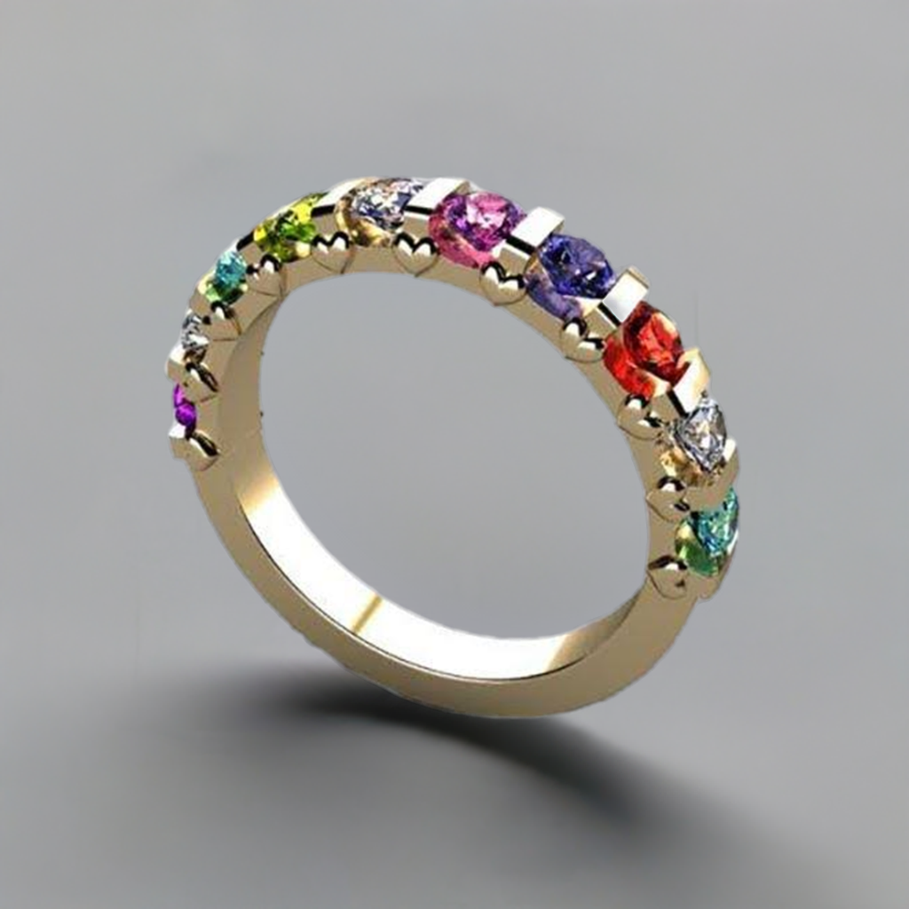 10 Stone Christopher Michael Design Mother's Ring 3mm With Heart Accent - MothersFamilyRings.com