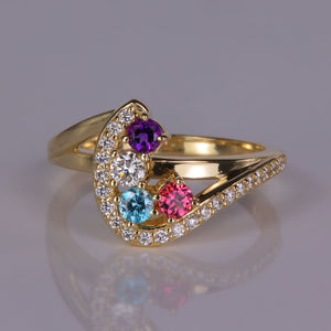 yellow gold four gemstone and diamond mother's ring