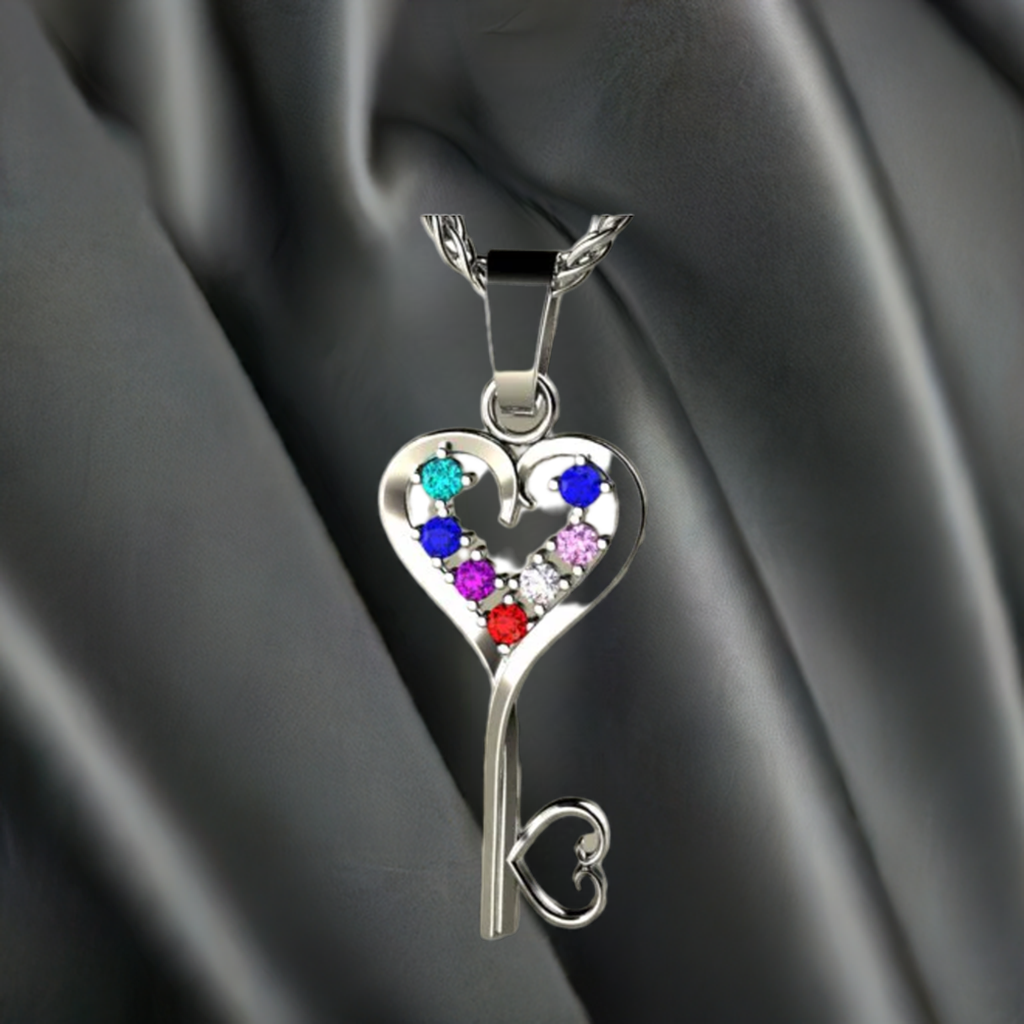 Seven Birthstone Key To Hearts Mothers Pendant* Christopher Michael Design - MothersFamilyRings.com
