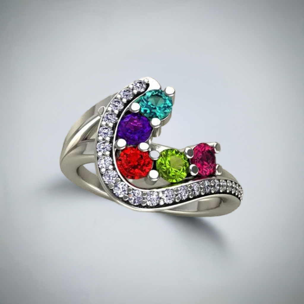 Five Birthstone Custom Mothers Ring With Fine Cut Diamonds by Christopher Michael - MothersFamilyRings.com