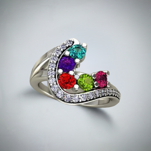 Five Birthstone Custom Mothers Ring With Fine Cut Diamonds by Christopher Michael - MothersFamilyRings.com