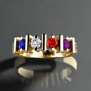Original Christopher Michael Designed Four Birthstone Mothers Ring With Fine Cut Diamonds - MothersFamilyRings.com