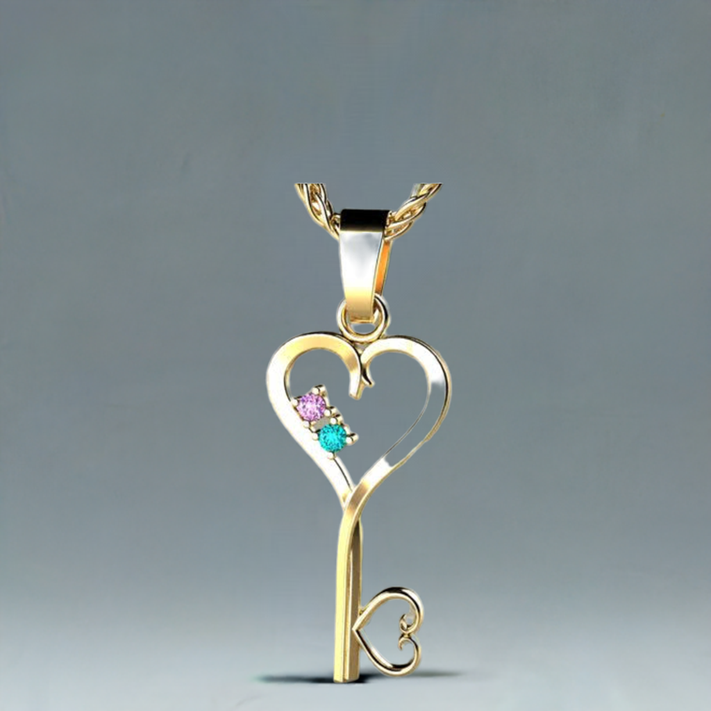Two Birthstone Key To Hearts Mothers Pendant* Christopher Michael Design - MothersFamilyRings.com