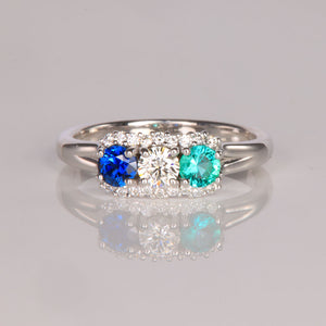 Mother's Ring With Fine Diamond and Three Natural Birthstones designed by Christopher Michael - MothersFamilyRings.com