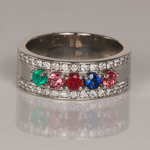 5 Birthstones Mothers Ring Flanked with Fine Diamond* Christopher Michael Design - MothersFamilyRings.com