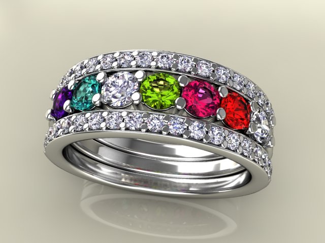 7 Birthstones Mothers Ring Flanked with Fine Diamond* Christopher Michael Design - MothersFamilyRings.com
