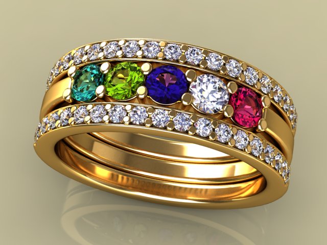 5 Birthstones Mothers Ring Flanked with Fine Diamond* Christopher Michael Design - MothersFamilyRings.com