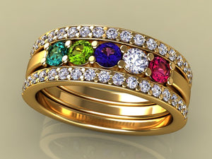 5 Birthstones Mothers Ring Flanked with Fine Diamond* Christopher Michael Design - MothersFamilyRings.com