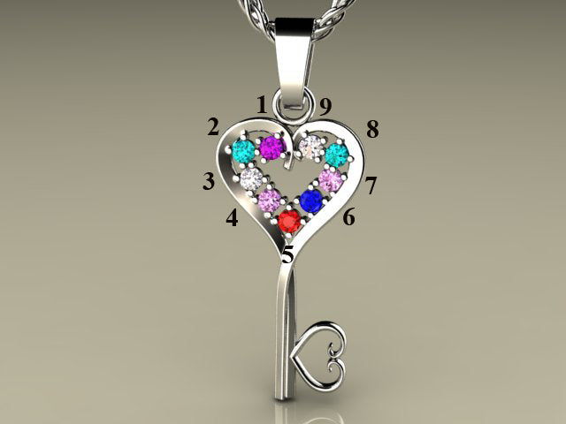 Nine Birthstone Key To Hearts Mothers Pendant* Christopher Michael Design