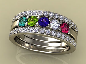5 Birthstones Mothers Ring Flanked with Fine Diamond* Christopher Michael Design - MothersFamilyRings.com