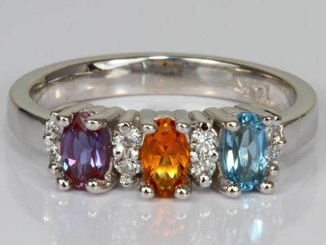 3 Stone Oval Birthstone Ring with Fine Diamonds Designed by Christopher Michael - MothersFamilyRings.com