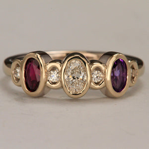 Bezeled 3 Stone Oval Mothers Ring With Diamond* Designed by Christopher Michael - MothersFamilyRings.com