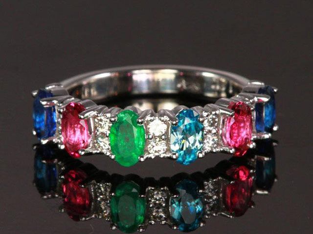 6 Stone Oval Birthstone Ring with Fine Diamonds Designed by Christopher Michael - MothersFamilyRings.com