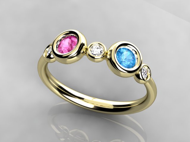 Bezeled Larger Round Two Birthstone Mothers Ring With Fine Diamonds* Designed by Christopher Michael