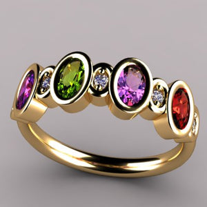 Bezeled 4 Stone Oval Mothers Ring With Diamond* Designed by Christopher Michael - MothersFamilyRings.com