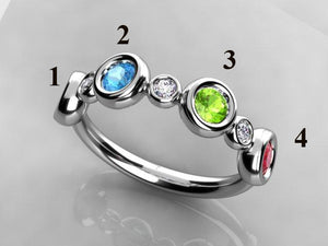 Bezeled Larger Round Four Birthstone Mothers Ring With Fine Diamonds* Deisgned by Christopher Michael