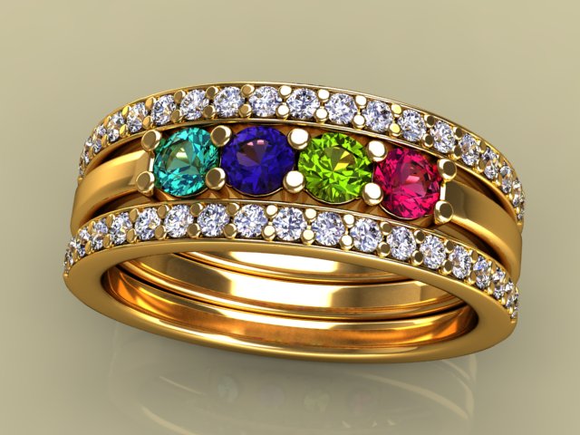 4 Birthstones Mothers Ring Flanked with Fine Diamond* Christopher Michael Design - MothersFamilyRings.com