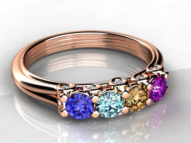 Larger 3.5 mm Four Birthstones Mothers Ring by Christopher Michael With Diamond Accent*