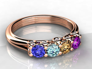 Larger 3.5 mm Four Birthstones Mothers Ring by Christopher Michael With Diamond Accent*