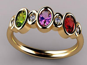 Bezeled 3 Stone Oval Mothers Ring With Diamond* Designed by Christopher Michael - MothersFamilyRings.com