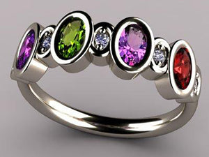 Bezeled 4 Stone Oval Mothers Ring With Diamond* Designed by Christopher Michael - MothersFamilyRings.com