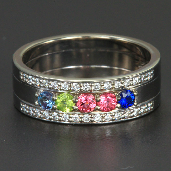 5 Birthstones Mothers Ring Flanked with Fine Diamond* Christopher Michael Design - MothersFamilyRings.com