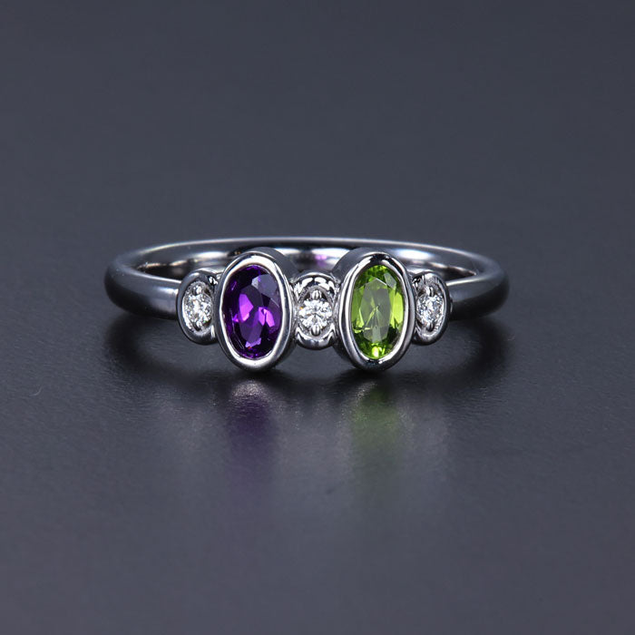 Bezeled 2 Stone Oval Mothers Ring With Diamond* Designed by Christopher Michael - MothersFamilyRings.com