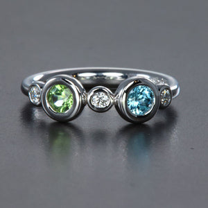Bezeled Larger Round Two Birthstone Mothers Ring With Fine Diamonds* Designed by Christopher Michael - MothersFamilyRings.com