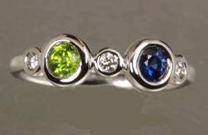 Bezeled Larger Round Two Birthstone Mothers Ring With Fine Diamonds* Designed by Christopher Michael