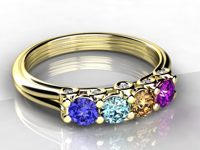 Larger 3.5 mm Four Birthstones Mothers Ring by Christopher Michael With Diamond Accent*