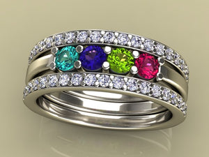 4 Birthstones Mothers Ring Flanked with Fine Diamond* Christopher Michael Design - MothersFamilyRings.com