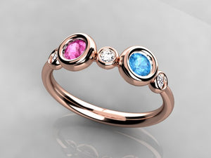 Bezeled Larger Round Two Birthstone Mothers Ring With Fine Diamonds* Designed by Christopher Michael