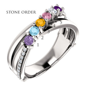 6 Stone Split Shank Heavy Family Ring With Fine Diamonds