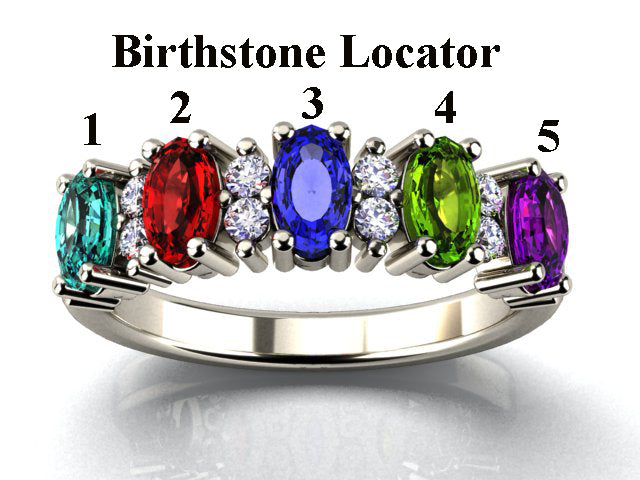5 Stone Oval Birthstone Ring with Fine Diamonds Designed by Christopher Michael - MothersFamilyRings.com