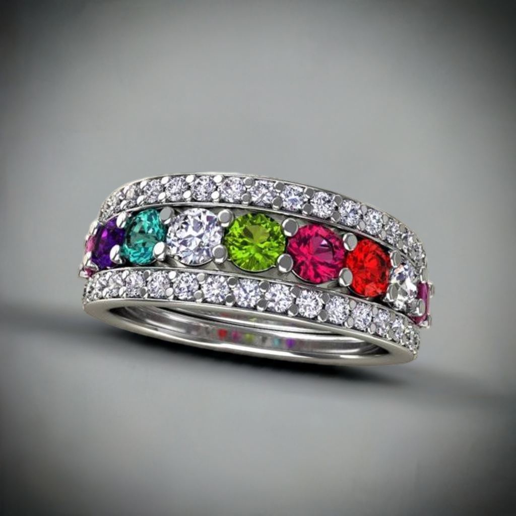 9 Birthstones Mothers Ring Flanked with Fine Diamond* Christopher Michael Design - MothersFamilyRings.com