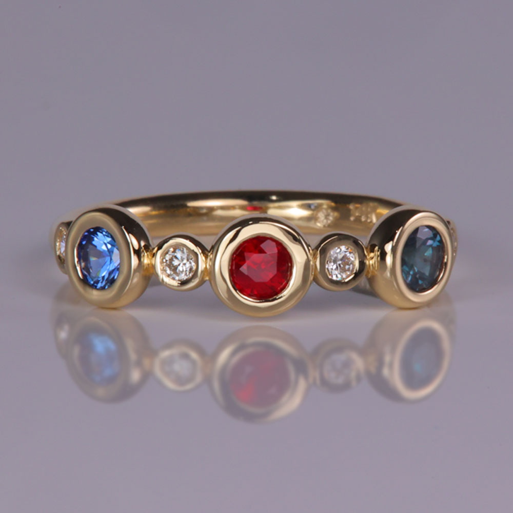 Bezeled Larger Round Three Birthstone Mothers Ring With Fine Diamonds Designed by Christopher Michael - MothersFamilyRings.com