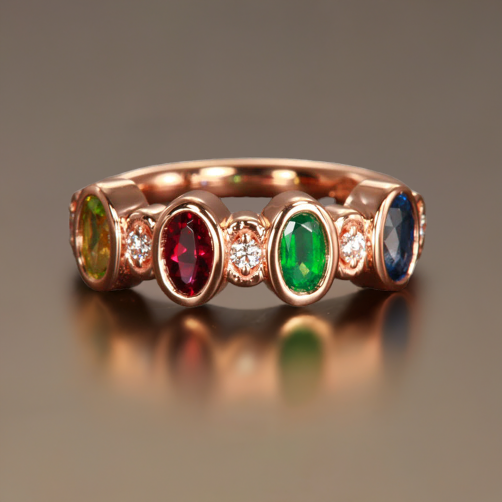 Bezeled 4 Stone Oval Mothers Ring With Diamond Designed by Christopher Michael - MothersFamilyRings.com