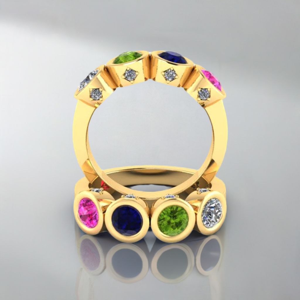 Christopher Michael Design with 4 Bezel Set Gemstones and Diamonds - MothersFamilyRings.com