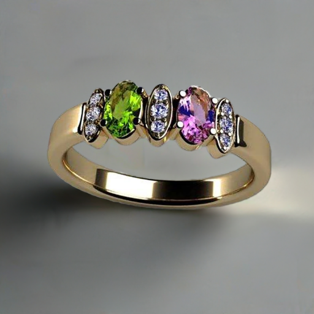 Christopher Michael Designed 2 Stone Oval Mothers Ring with Diamond - MothersFamilyRings.com