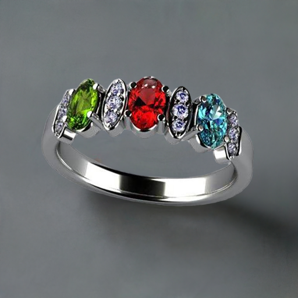 Christopher Michael Designed 3 Stone Oval Mothers Ring with Diamond - MothersFamilyRings.com