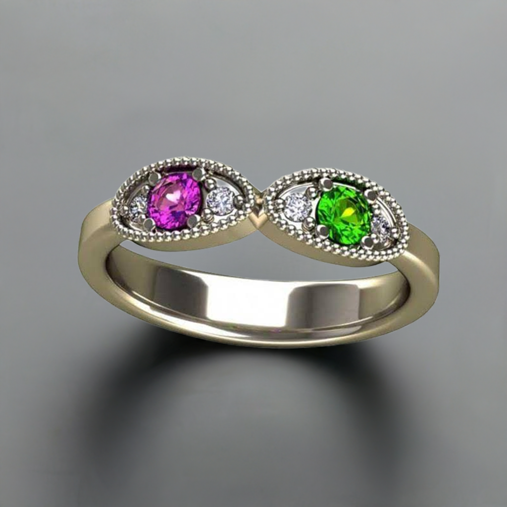 Classy 2 Birthstone Mothers Ring by Christopher Michael with Fine Cut diamonds - MothersFamilyRings.com