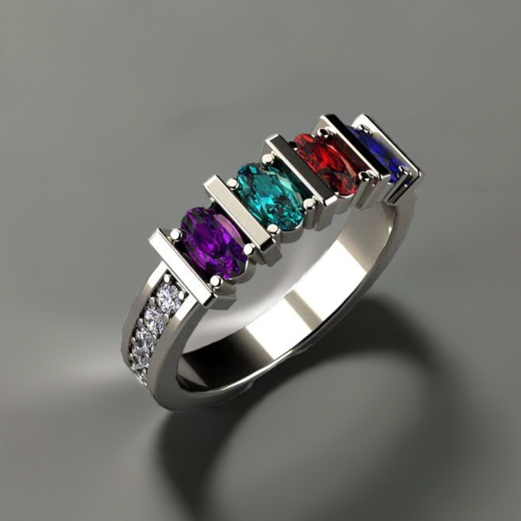 Exquisite Four Stone Oval Mothers Ring with Diamonds Designed by Christopher Michael - MothersFamilyRings.com