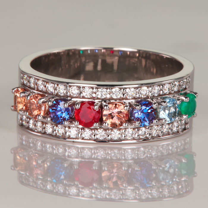 8 Birthstones Mothers Ring Flanked with Fine Diamond Mothers Rings