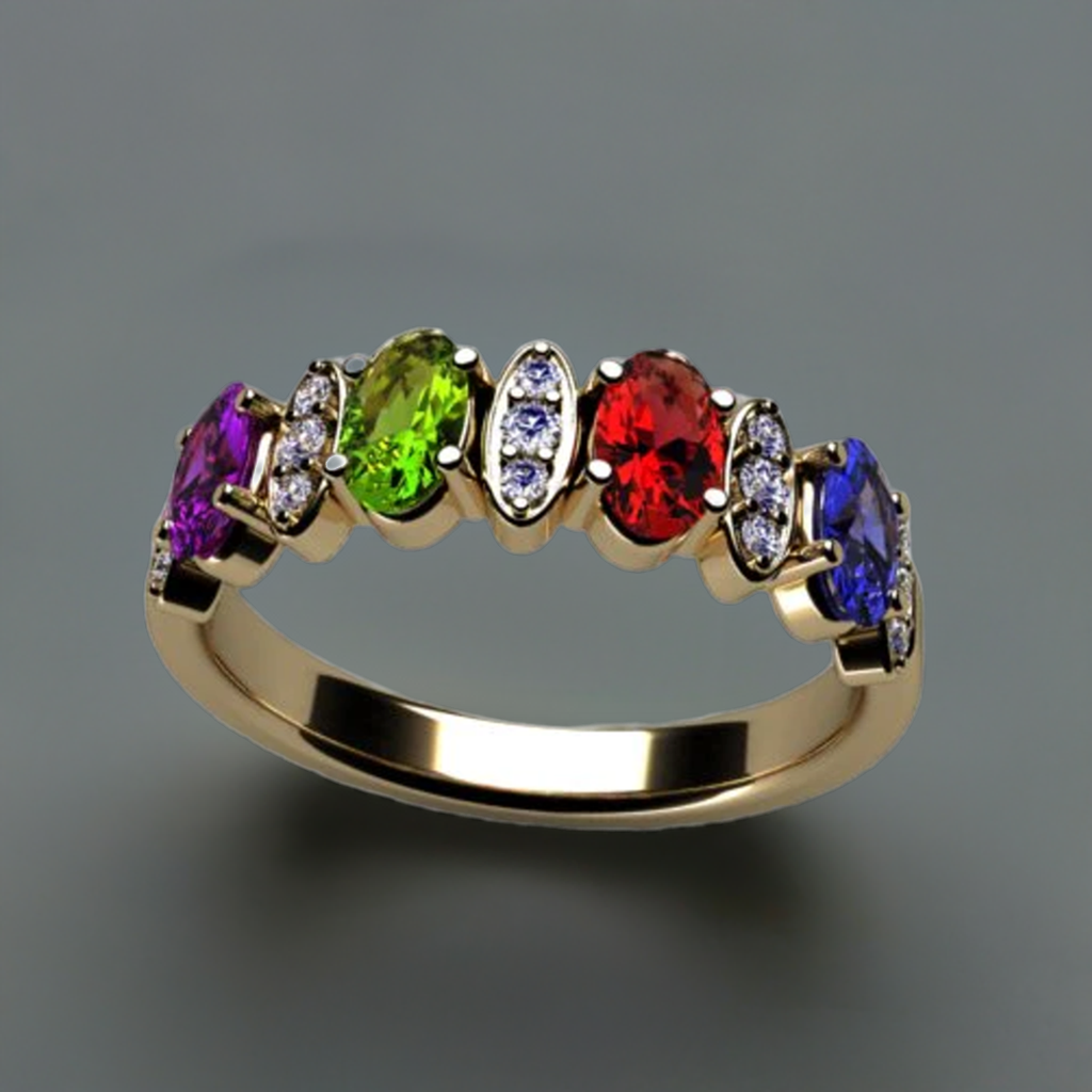 Christopher Michael Designed 4 Stone Oval Mothers Ring with Diamond - MothersFamilyRings.com