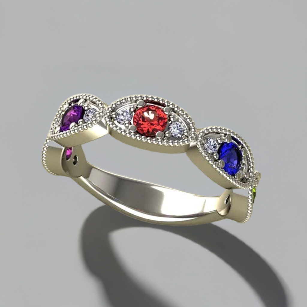 Unique Set 5 Birthstone Mothers Ring by Christopher Michael with Fine Cut Diamonds - MothersFamilyRings.com