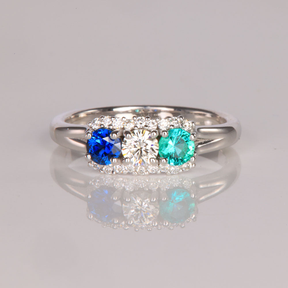 Mother&#39;s Ring With Fine Diamond and Three Natural Birthstones designed by Christopher Michael - MothersFamilyRings.com