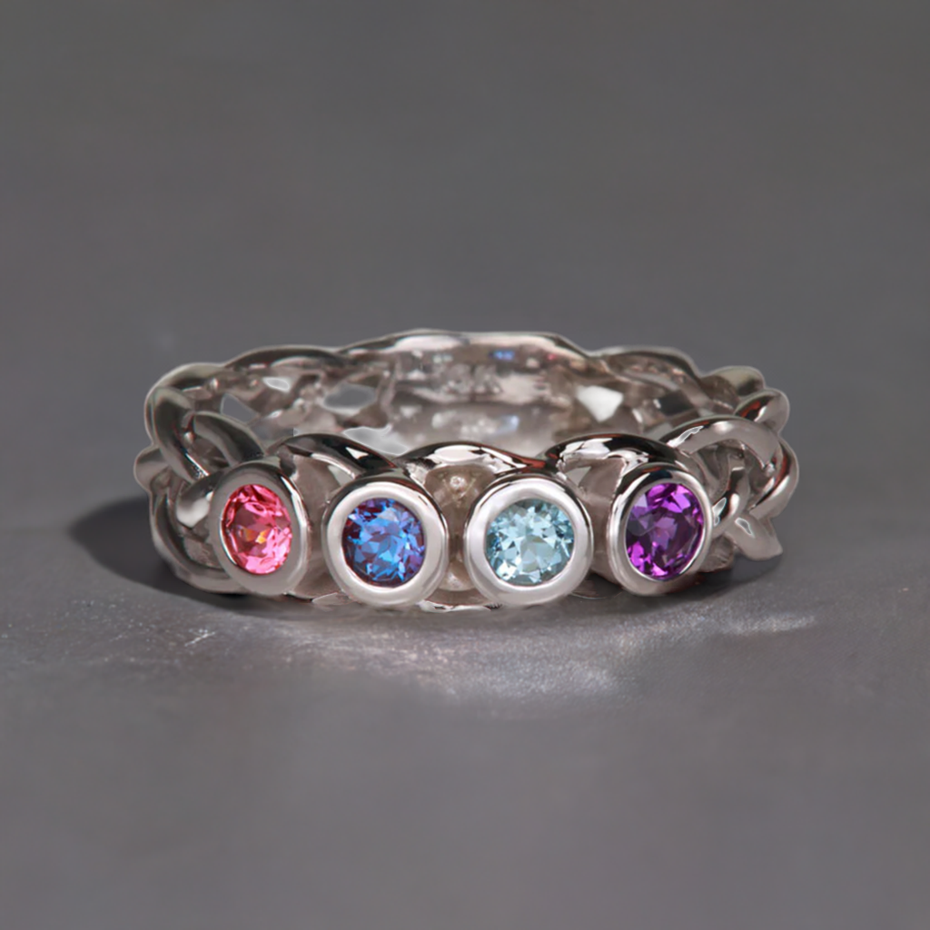Custom Designed by Christopher Michael  Mothers Ring With Four Bezeled 3mm Birthstones - MothersFamilyRings.com
