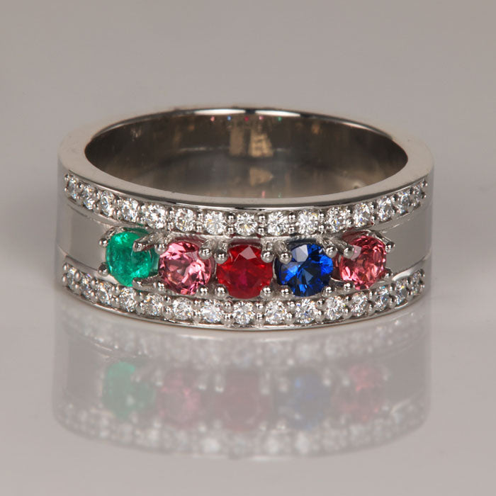 5 Birthstones Mothers Ring Flanked with Fine Diamond* Christopher Michael Design - MothersFamilyRings.com