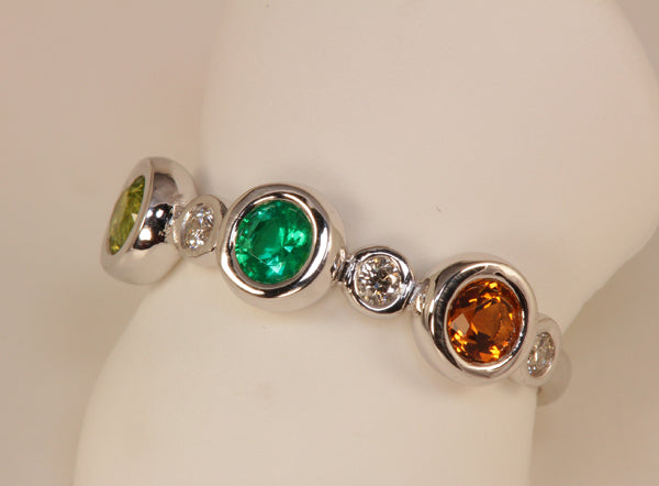 Bezeled Larger Round Three Birthstone Mothers Ring With Fine Diamonds* Designed by Christopher Michael