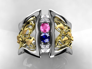 Art Nouveau Inspired 2 Birthstone Mothers Ring With Diamond* Christopher Michael Design
